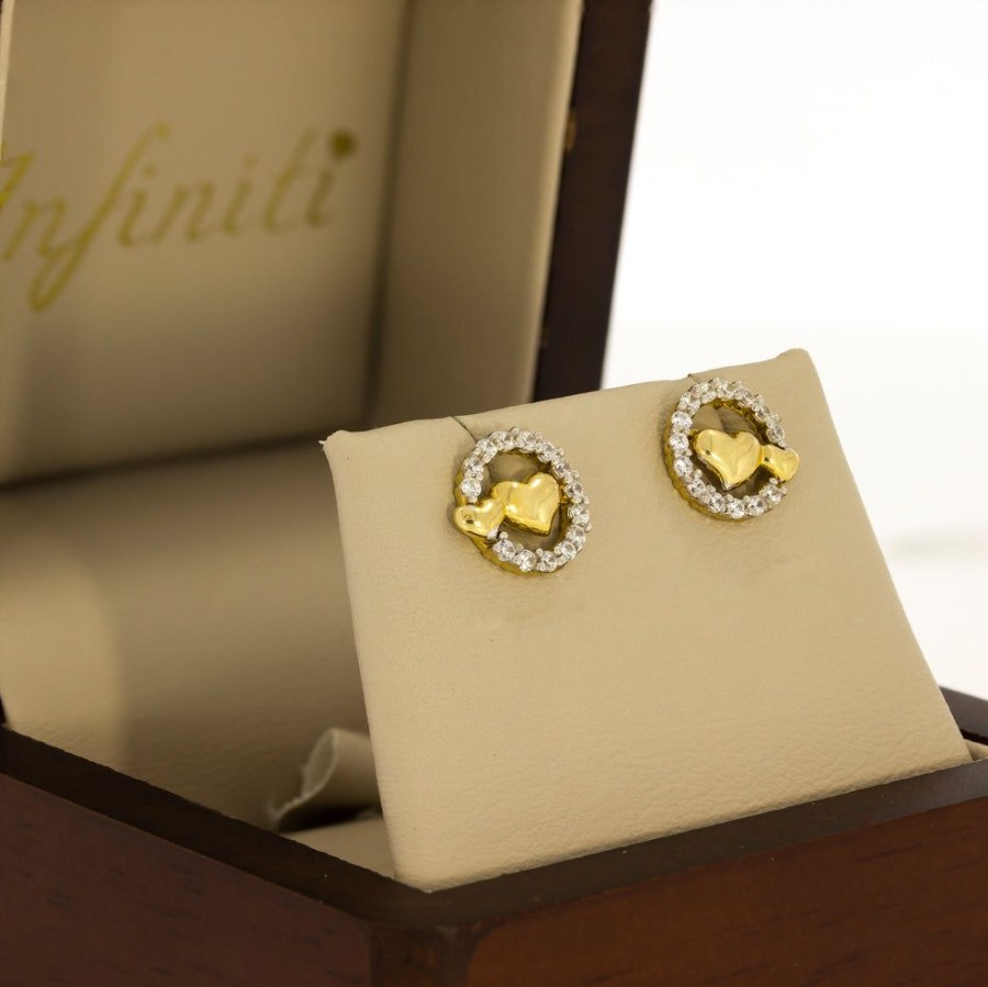 Joyeria Fina Infiniti Joyas Aretes | Aretes Oro 10K - Forma De Ci­Rculo Con Zirconias Y Corazones