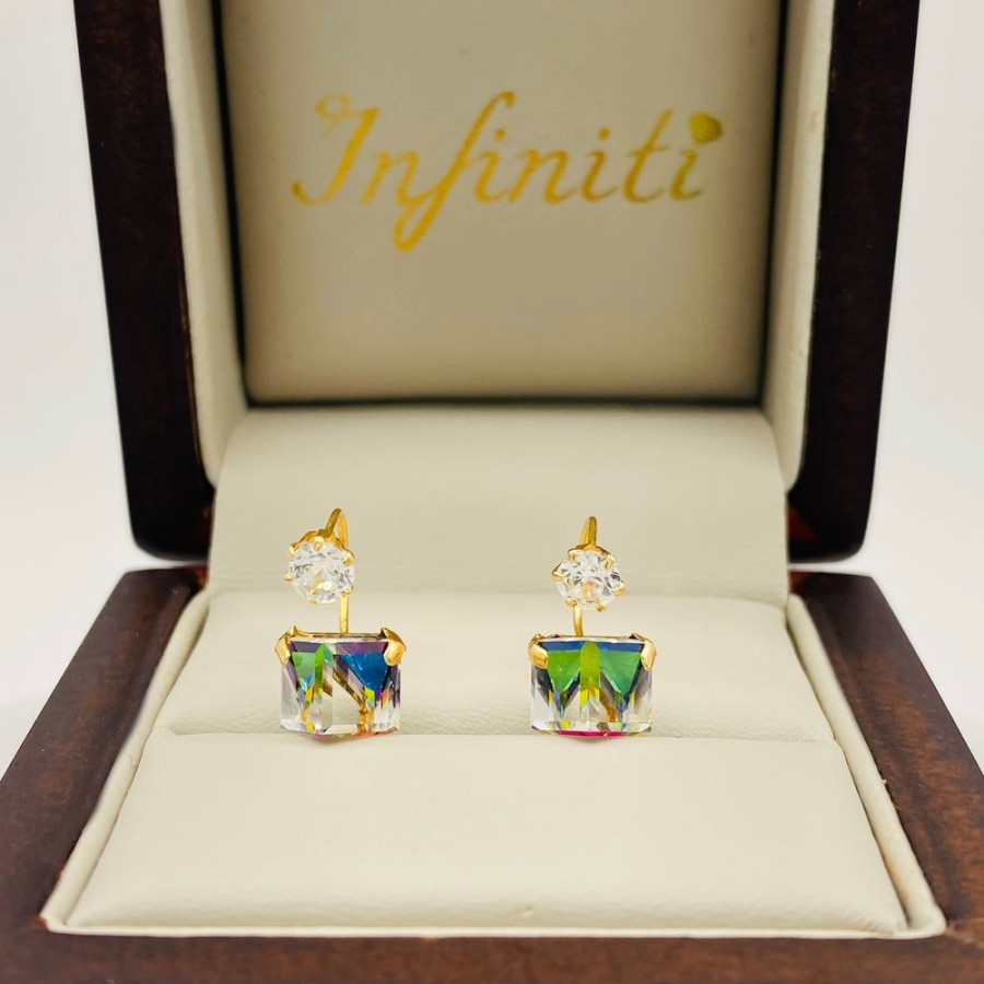 Joyeria Fina Infiniti Joyas Broqueles | Broquel Oro 10K - Cubo Magico Con Zirconia