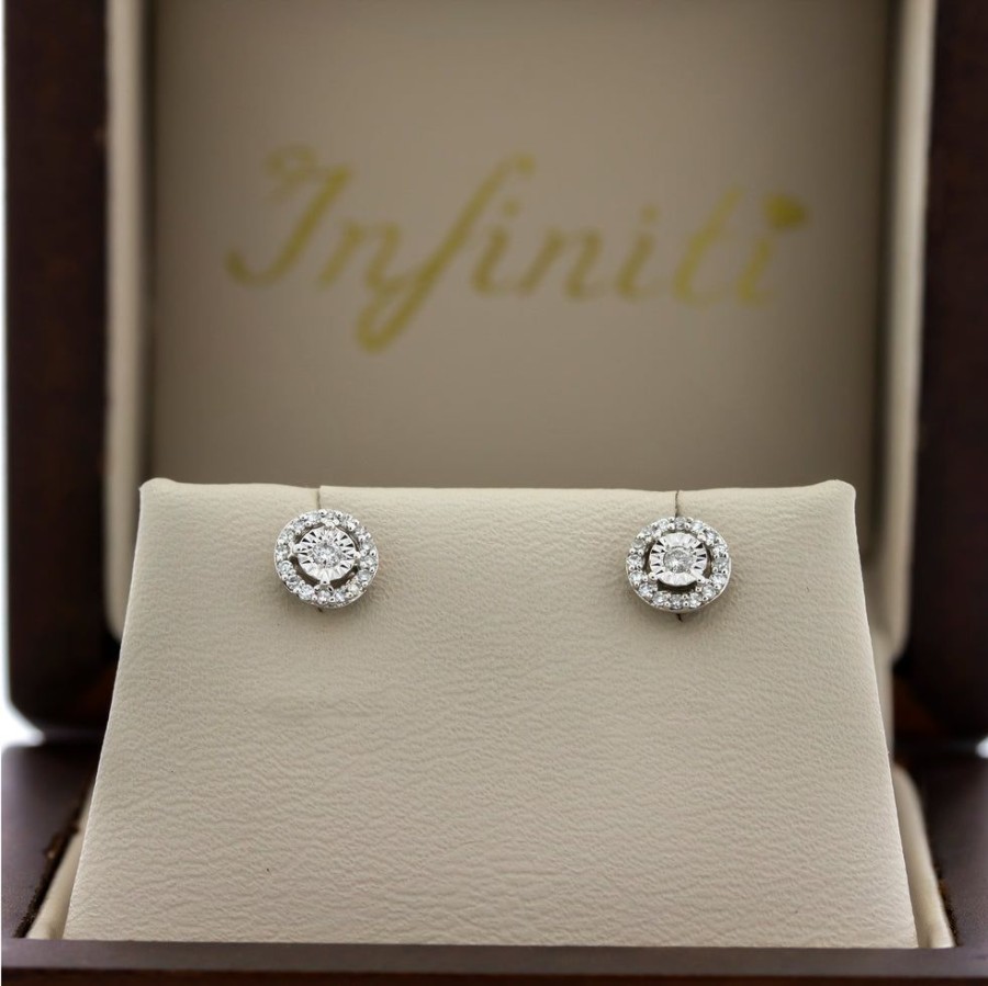 Joyeria Fina Infiniti Joyas Aretes | Broquel Oro Blanco 14K - Diamantes Con Un Peso Total De 8 Puntos