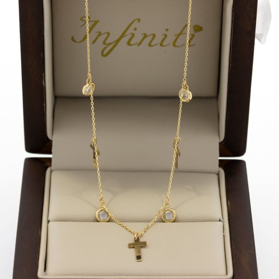 Joyeria Fina Infiniti Joyas Gargantillas | Gargantilla Oro 14K - Cruces Con Zirconias Colgando, 44 Cm