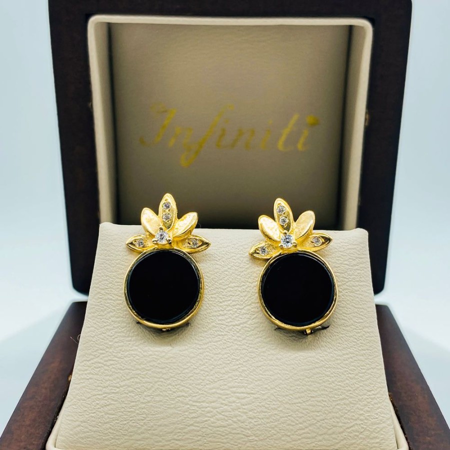 Joyeria Fina Infiniti Joyas Aretes | Aretes Oro 10K, Hoja Con Onix Y Zirconias, 1.9 Cm De Alto, Ancho 11 Mm, Oro 10K