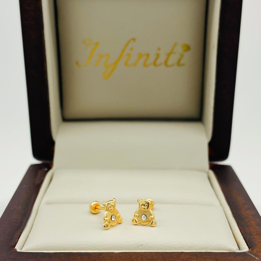 Joyeria Fina Infiniti Joyas Broqueles | Broquel Oso Con Zirconia, Oro 10K