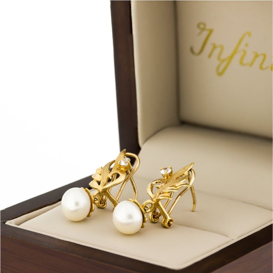 Joyeria Fina Infiniti Joyas Aretes | Aretes Oro 10K, Hojas Con Perla Y Zirconia, 2.2 Cm Alto, Ancho 9 Mm, Oro 10K