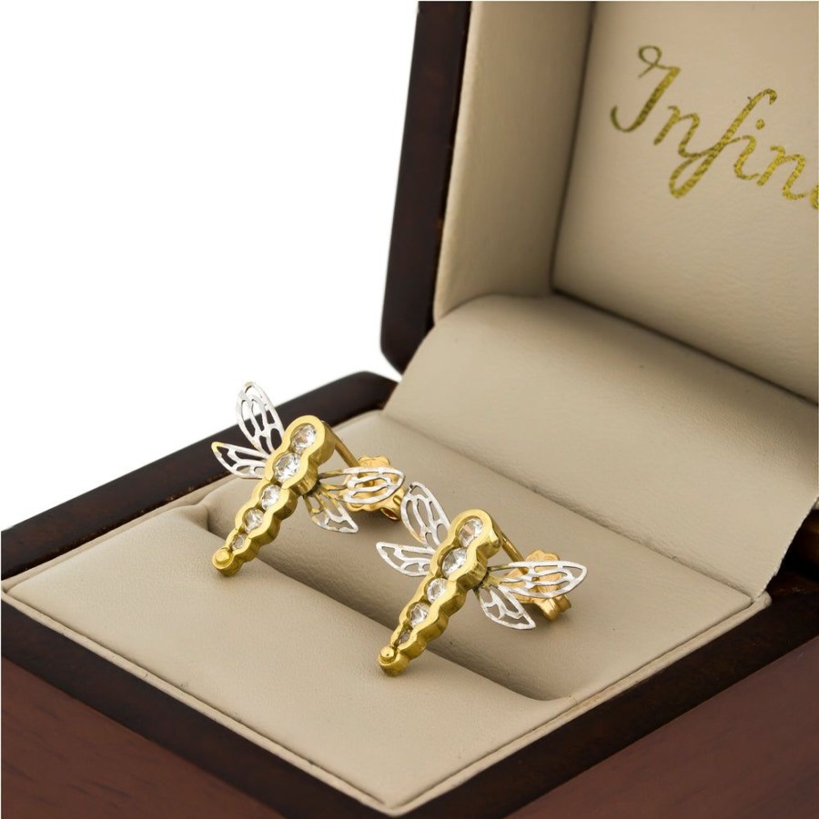 Joyeria Fina Infiniti Joyas Aretes | Arete Oro 10K, Li­Belula Con Zirconias, 1.5 Cm Alto, Ancho 2 Cm, Oro 10K