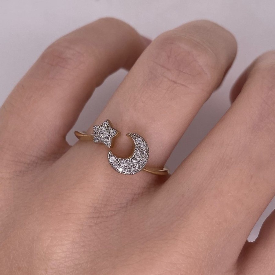 Joyeria Fina Infiniti Joyas Anillos Varios | Anillo Oro 10K, Luna Y Estrella Con Zirconias