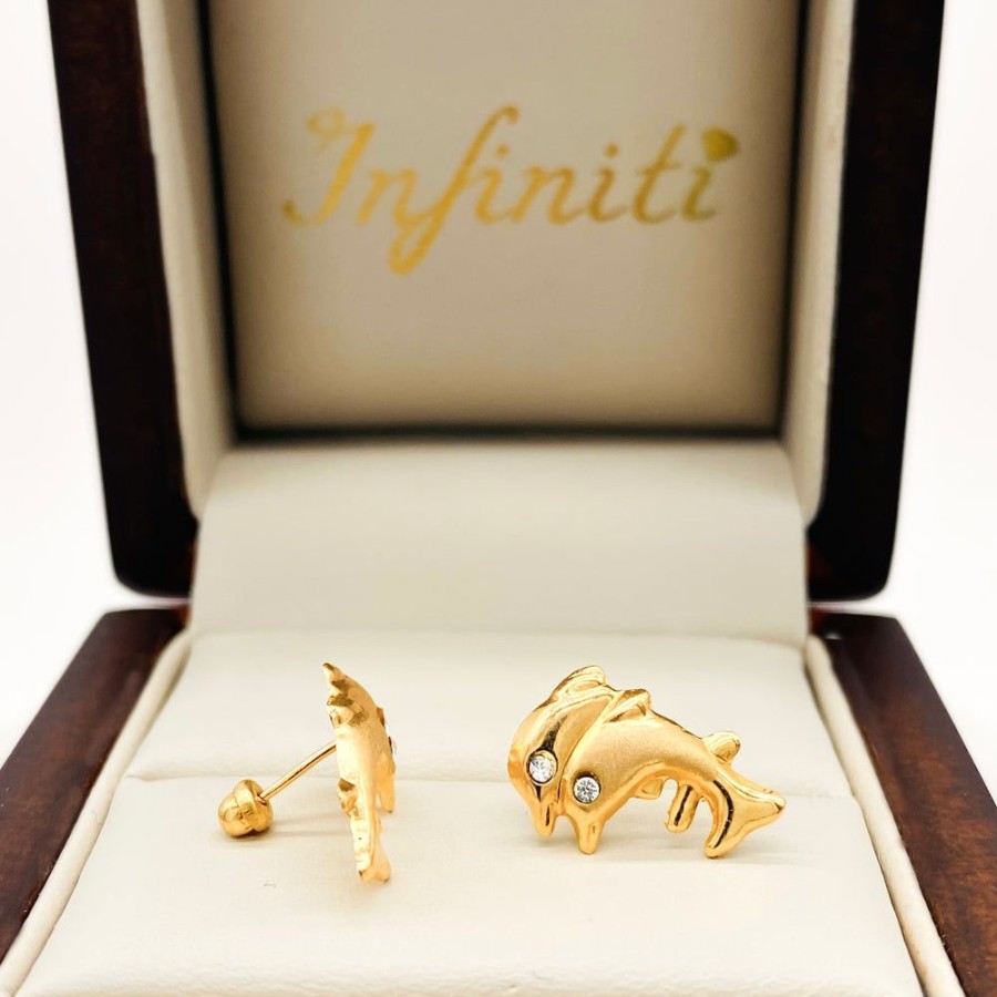 Joyeria Fina Infiniti Joyas Broqueles | Broquel Doble Delfi­N , Oro 10K