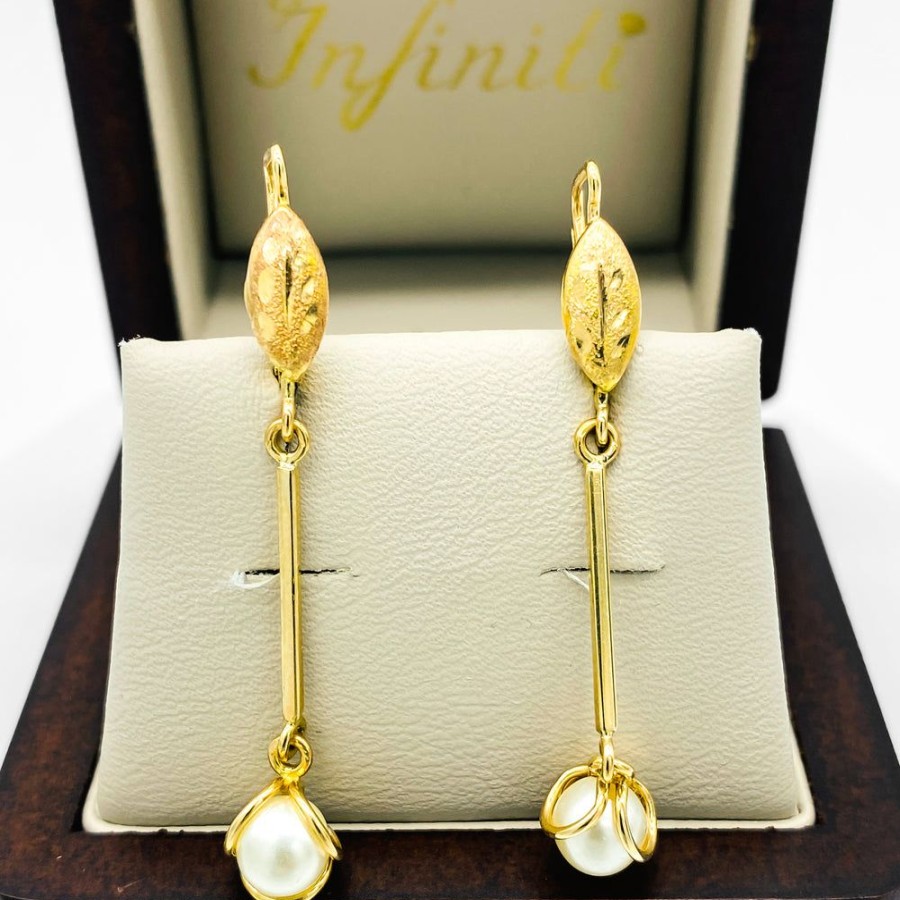 Joyeria Fina Infiniti Joyas Aretes | Aretes Tubo Con Perla, 4.3 Cm De Alto, Oro 10K