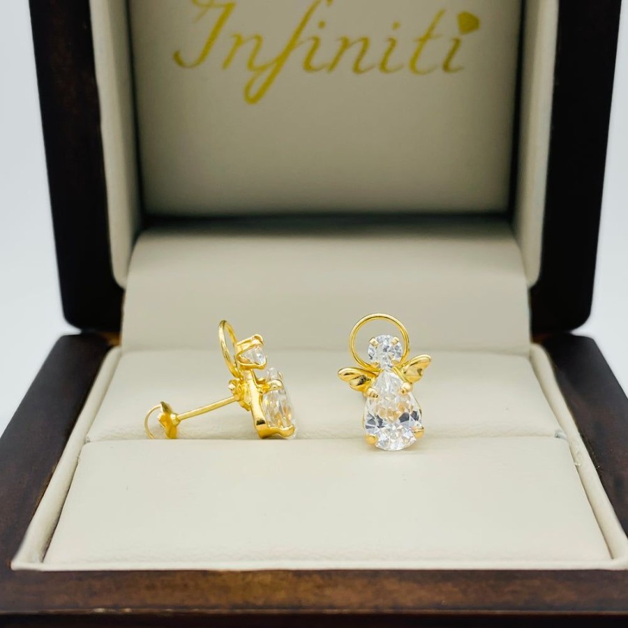 Joyeria Fina Infiniti Joyas Broqueles | Broquel Angelito Con Zirconias, Oro 14K