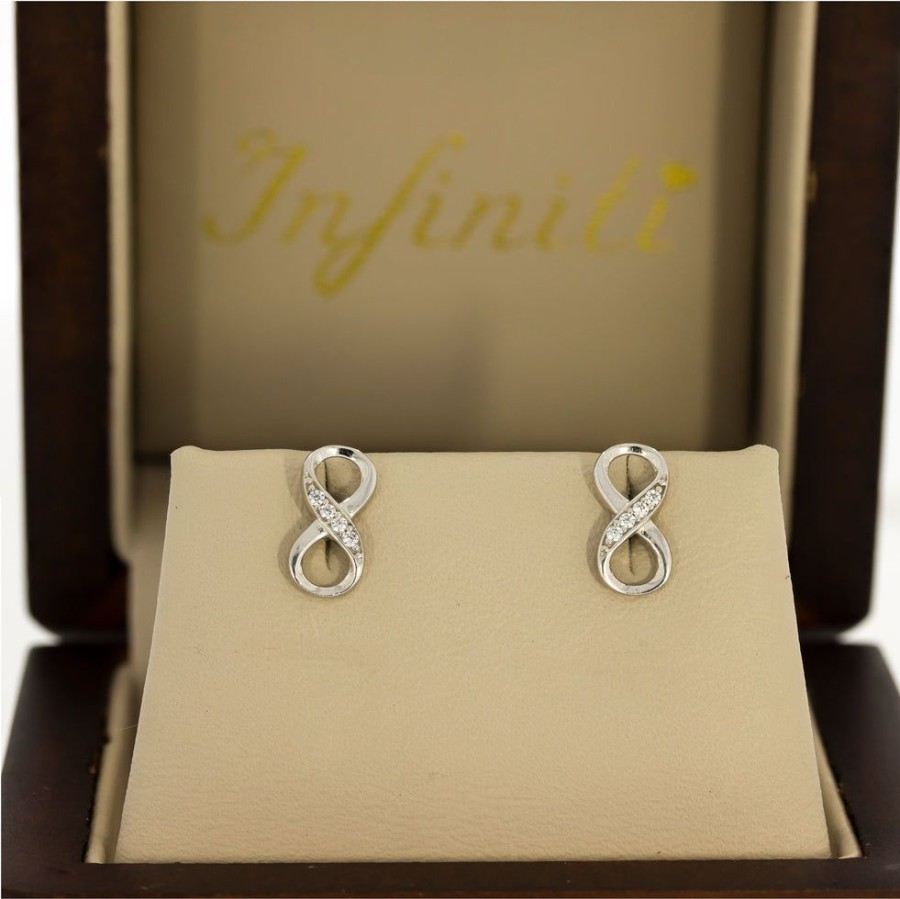 Joyeria Fina Infiniti Joyas Aretes | Aretes Oro Blanco 10K, En Forma De Infinito Con Zirconias, Oro 10K