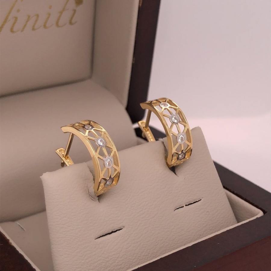 Joyeria Fina Infiniti Joyas Aretes | Aretes Oro 14K - Zirconias Con Platinado, Ancho 5 Mm