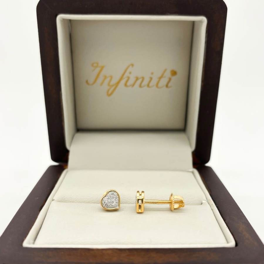 Joyeria Fina Infiniti Joyas Broqueles | Broquel Oro 10K - Corazon Con Diamantes De 0.05 Ctw