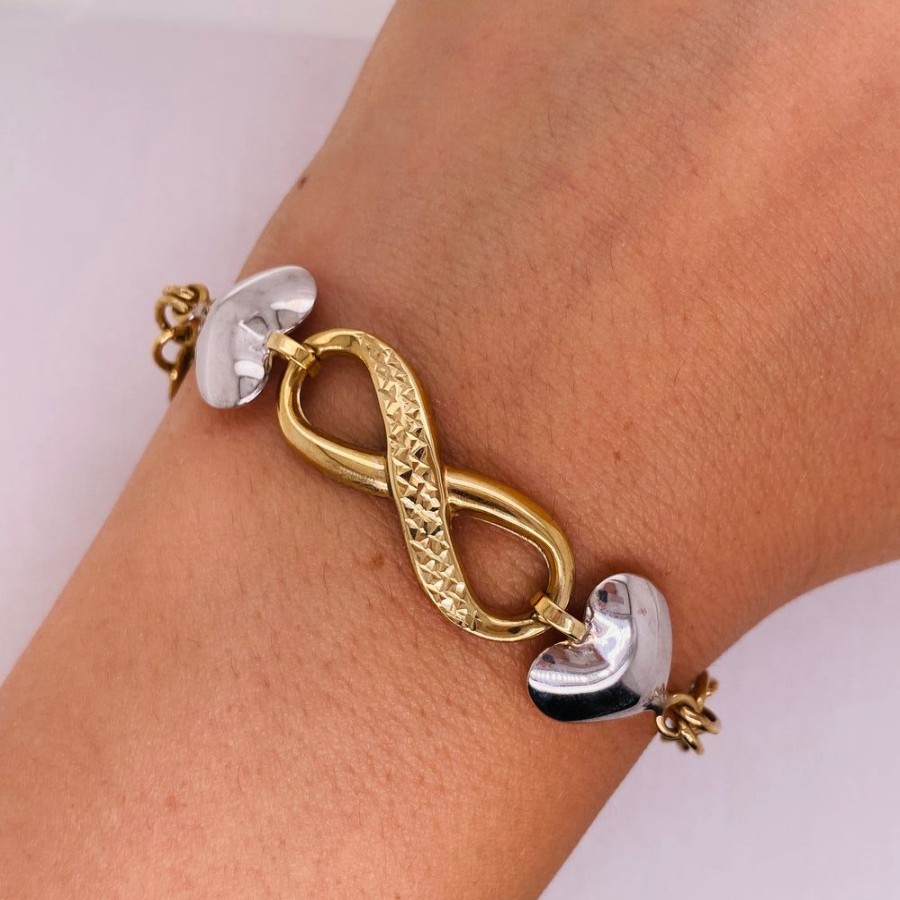 Joyeria Fina Infiniti Joyas Pulseras Dama | Pulsera Oro 10K, Con Infinito Y Corazones, Largo 19 Cm, Ancho 12 Mm, Oro Combinado 10K