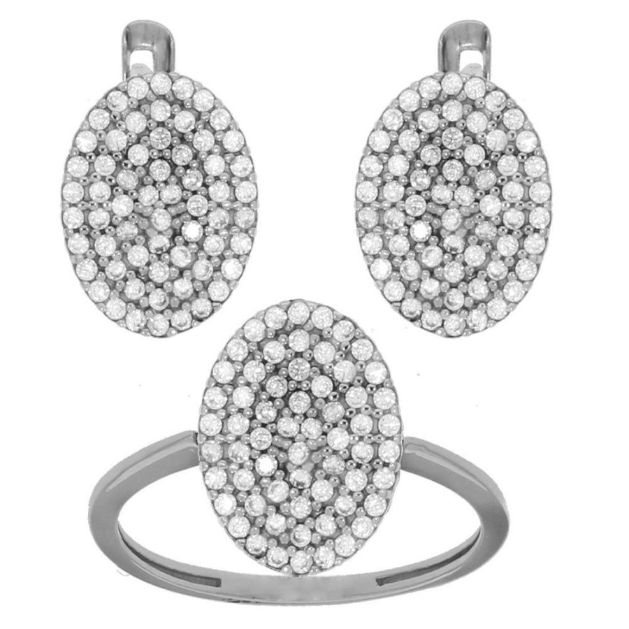 Joyeria Fina Infiniti Joyas Juegos | Juego Oro Blanco 10K, Anillo Y Aretes Oval Zirconias, Oro 10K