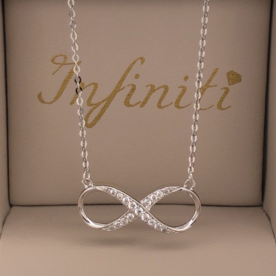 Joyeria Fina Infiniti Joyas Gargantillas | Gargantilla Oro Blanco 14K, Dije Infinito Con Zirconias, 45 Cm Largo