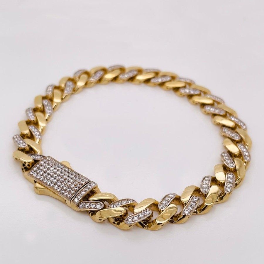 Joyeria Fina Infiniti Joyas Caballero | Pulso Oro 14K - Cubano Con Zirconias 9.4 Mm Ancho, 22 Cm Largo