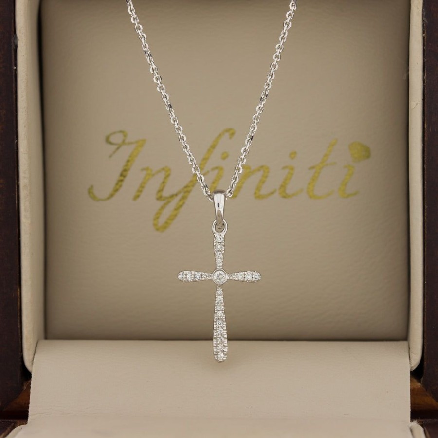 Joyeria Fina Infiniti Joyas Cruces | Cruz Oro Blanco 14K - Diamantes 8 Puntos Totales