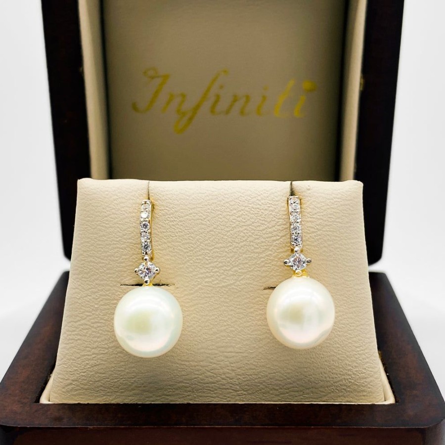 Joyeria Fina Infiniti Joyas Aretes | Aretes Oro 10K, Perla Con Zirconias, 2.2 Cm Alto