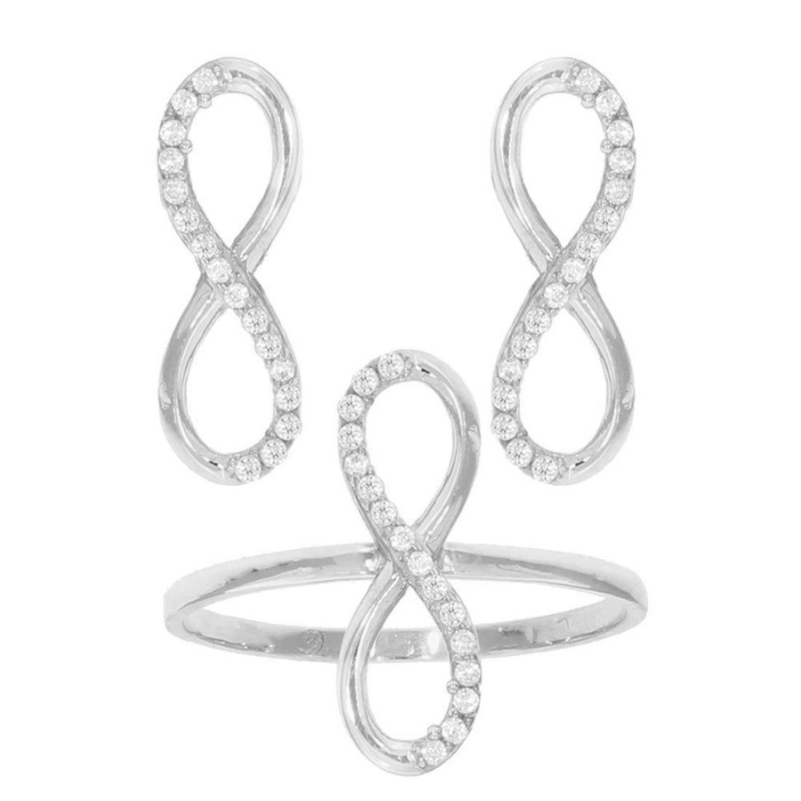 Joyeria Fina Infiniti Joyas Juegos | Juego Oro Blanco 10K, Anillo Y Aretes Infinito Con Zirconias, Oro 10K