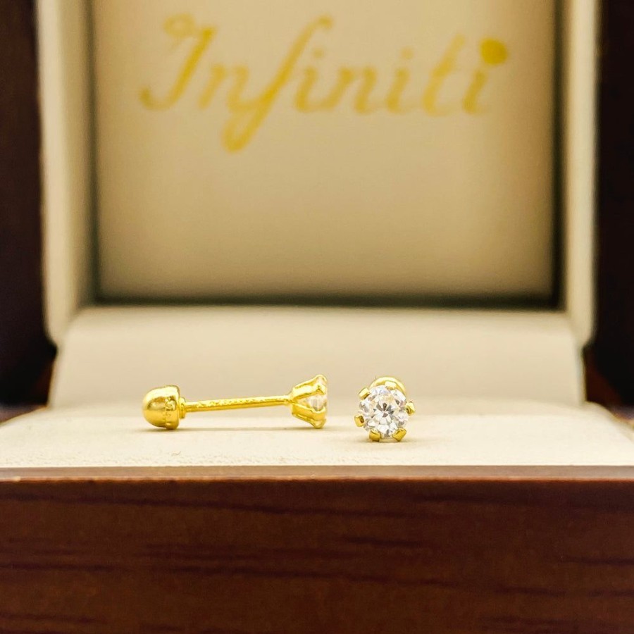 Joyeria Fina Infiniti Joyas Broqueles | Broquel Oro 18K - Zirconia Redonda 3 Mm