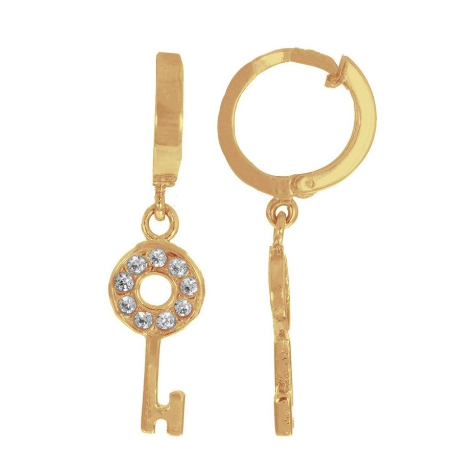 Joyeria Fina Infiniti Joyas Huggies | Aretes Tipo Huggies Oro 10K, Con Llave Colgante Con Zirconias, 1.1 Cm Diametro, Oro 10K