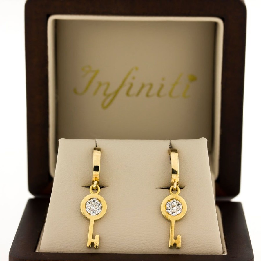 Joyeria Fina Infiniti Joyas Huggies | Aretes Tipo Huggies Oro 10K, Con Llave Colgante Con Zirconias, 1.1 Cm Diametro, Oro 10K