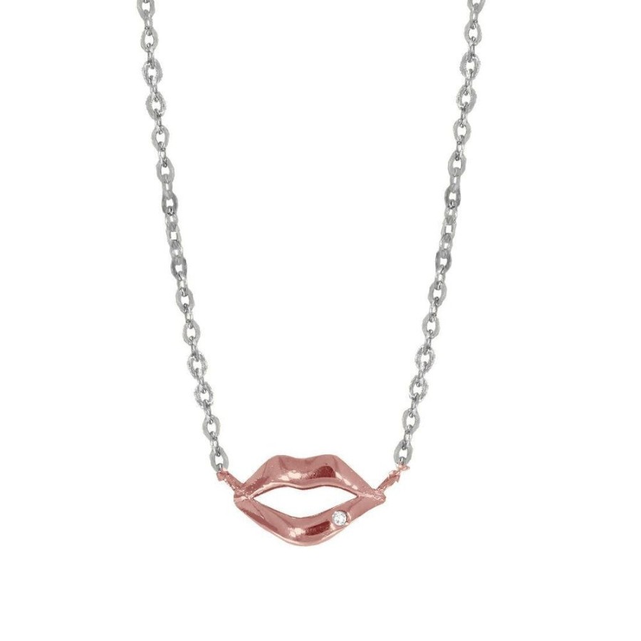 Joyeria Fina Infiniti Joyas Gargantillas | Gargantilla Oro Blanco 10K, Con Dije Labios Oro Rosa, 47 Cm Largo