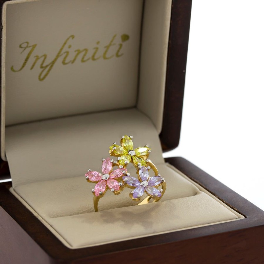 Joyeria Fina Infiniti Joyas Anillos Varios | Anillo Oro 10K, Triple Flor Con Zirconias De Colores