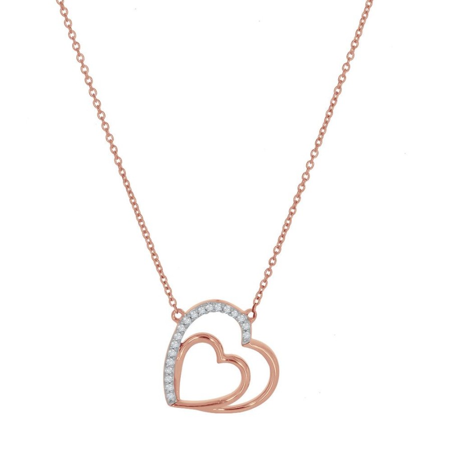 Joyeria Fina Infiniti Joyas Gargantillas | Gargantilla Oro Rosa 14K - Doble Corazon Con Diamantes 4 Pts Totales