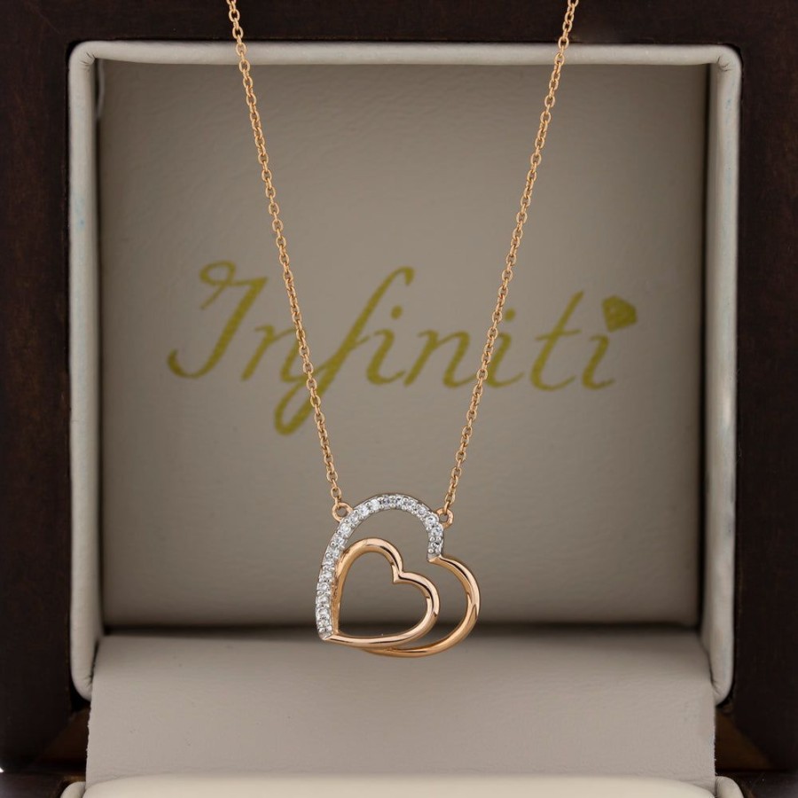 Joyeria Fina Infiniti Joyas Gargantillas | Gargantilla Oro Rosa 14K - Doble Corazon Con Diamantes 4 Pts Totales