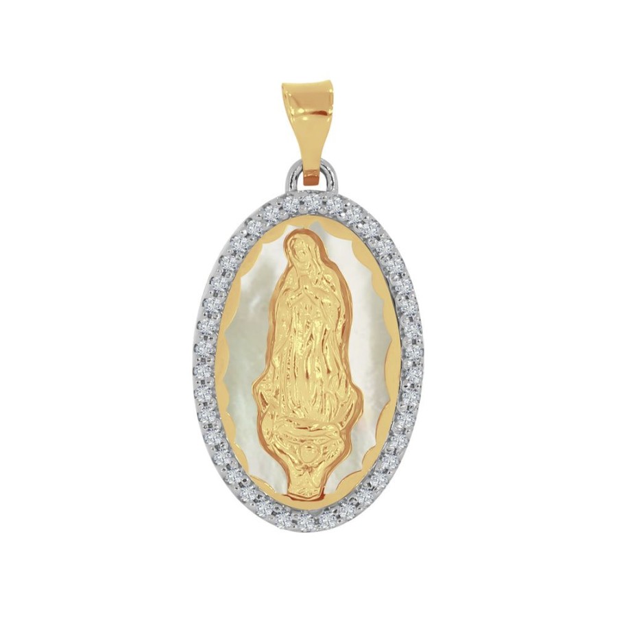 Joyeria Fina Infiniti Joyas Medallas | Medalla Oro 14K - Virgen Con Madre Perla Y Zirconias