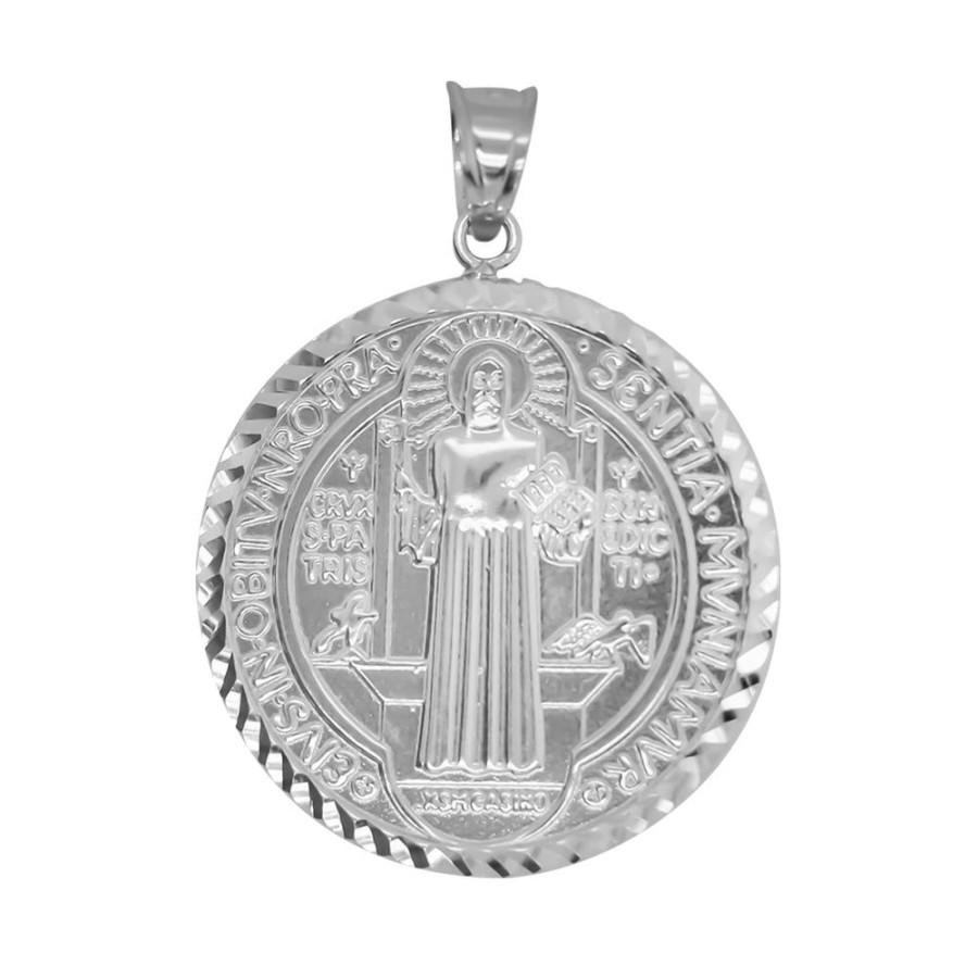 Joyeria Fina Infiniti Joyas Medallas | Medalla Oro Blanco 10K - San Benito De 2.6 Cm Diametro