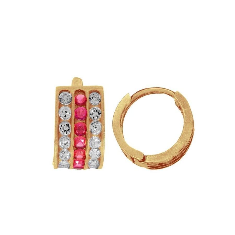 Joyeria Fina Infiniti Joyas Huggies | Arracadas Huggies Oro 10K, Zirconias Rojo Y Blanco, 1.1 Cm Diamtero, Ancho 6 Mm, Oro 10K