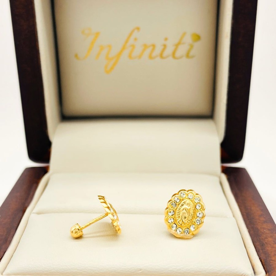 Joyeria Fina Infiniti Joyas Broqueles | Broquel Virgen Gpe Con Zirconias, Oro 10K