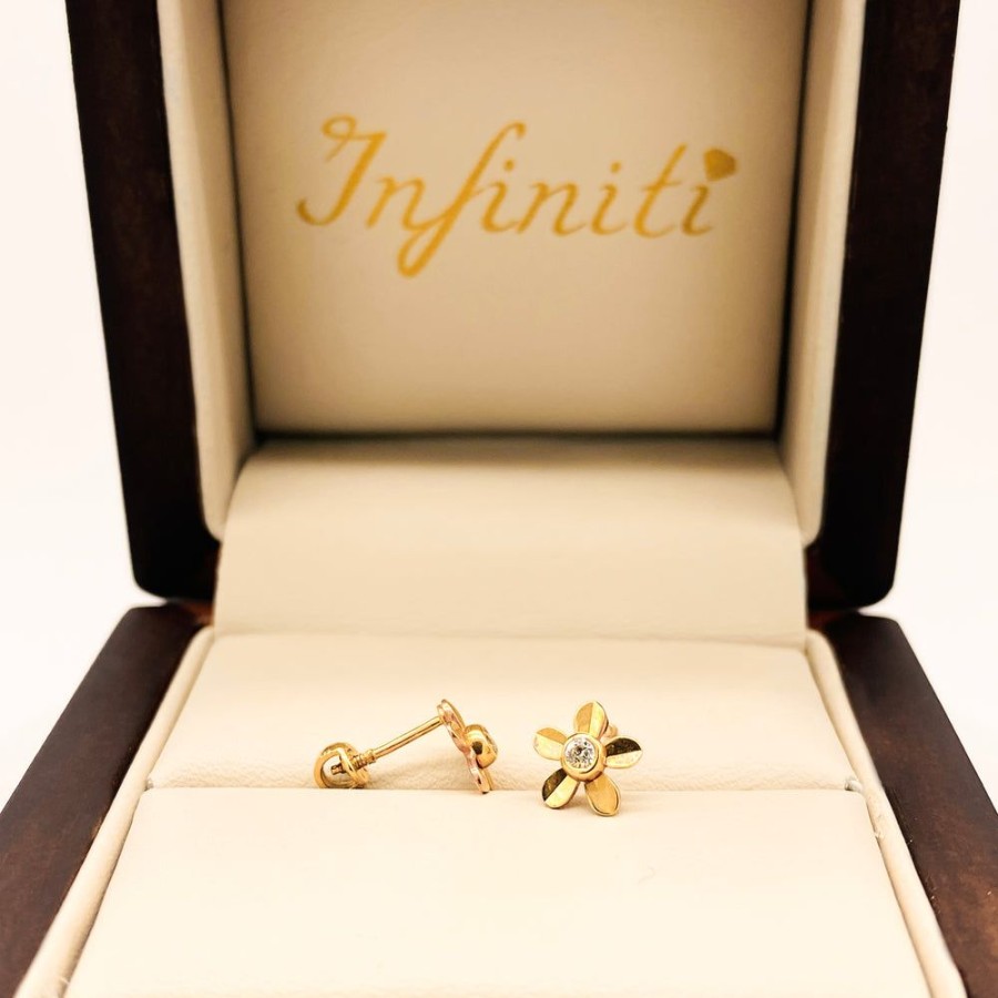 Joyeria Fina Infiniti Joyas Broqueles | Broquel Flor Con Zirconias, Oro 10K